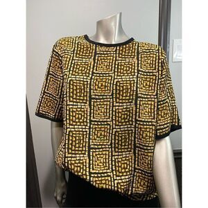Size 14, Yves St. Clair vintage blouse in black & yellow ochre, button in back.